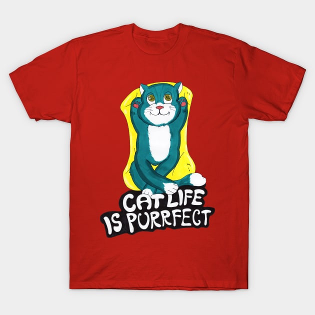 Cat Life Is Purrfect, Cute Blue Cat life is perfect T-Shirt by FilMate